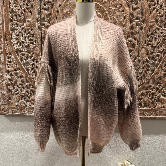 Frye and Co. Pink & Brown Ombre, Wool Blend, Cozy Knit Fringe Sweater Cardigan - Picture 2 of 14